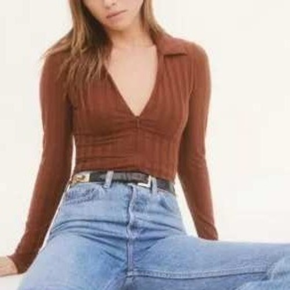 Reformation Jen Bodysuit Dark Brown Ribbed Long Sleeve Zip Up Collared Small